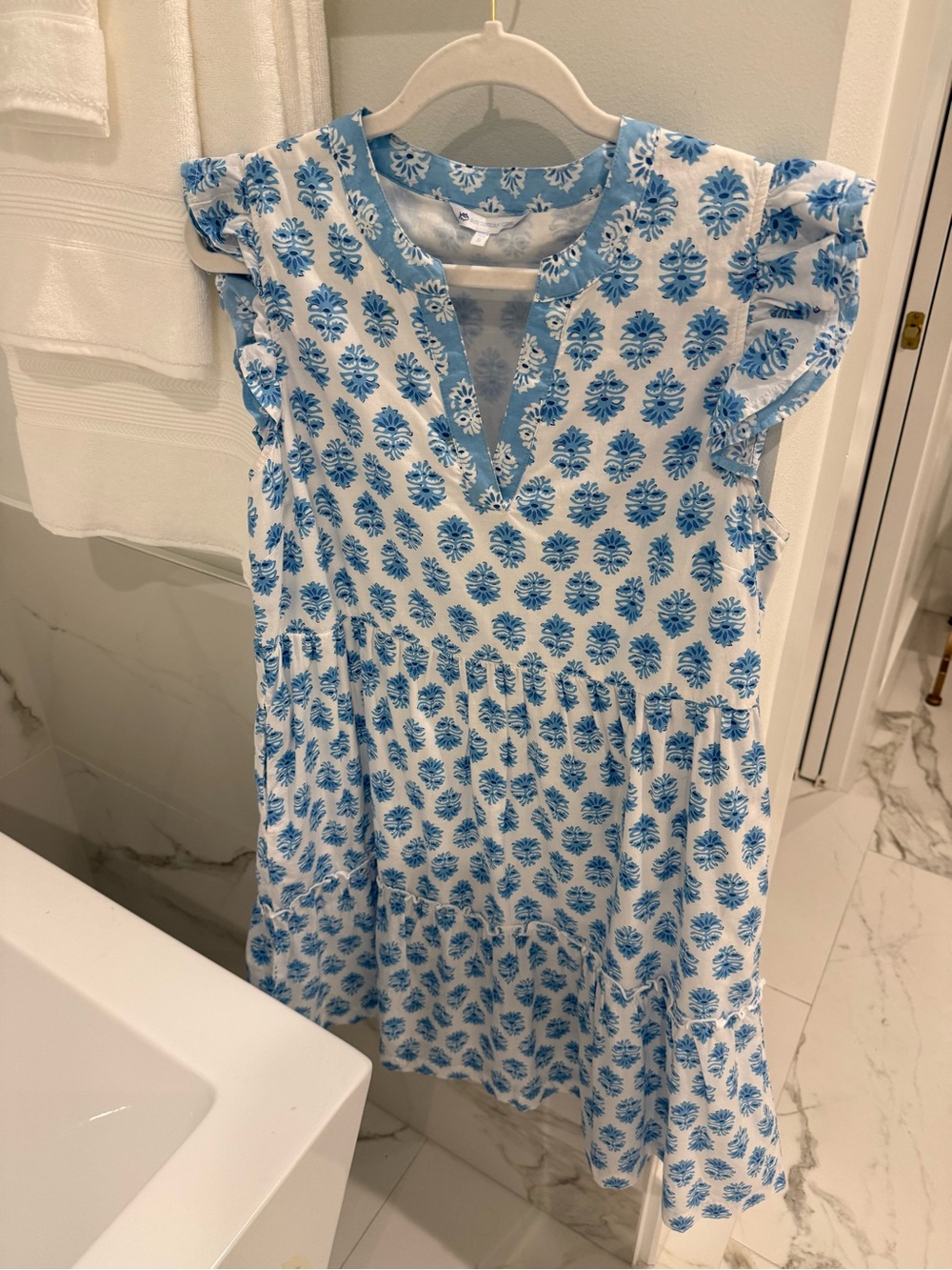 Southern Tide White Dress with Blue Floral Print and Ruffle Sleeves